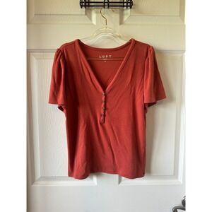 LOFT Womens Medium Top Ribbed Knit Henley Puff‎ Sleeve Rust Orange Blouse